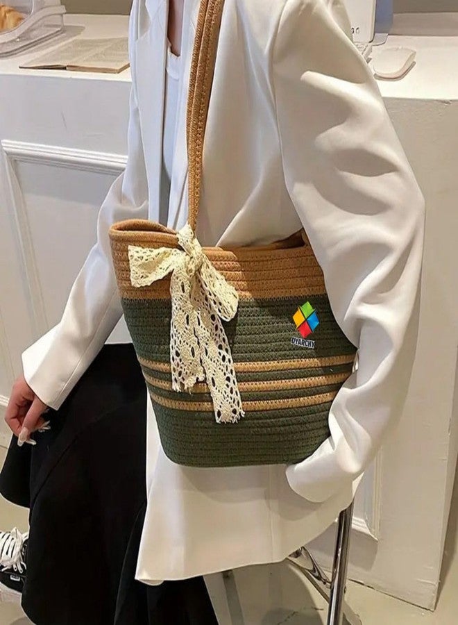 DYARCHY Straw Beach Tote Bag, Large Summer Handbag, 40 x 30 x 24 cm (GREEN BEIGE) - Image 3