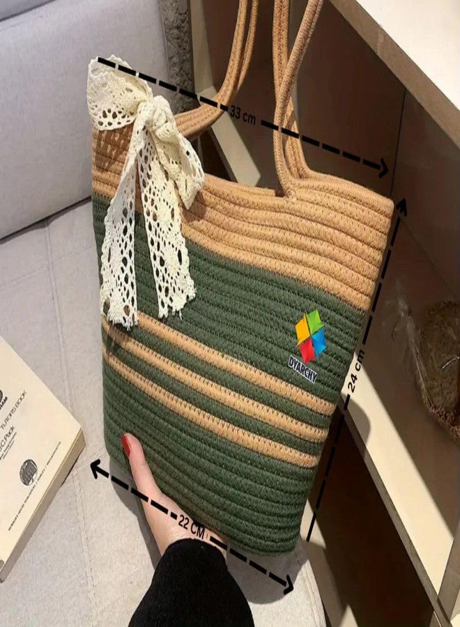 DYARCHY Straw Beach Tote Bag, Large Summer Handbag, 40 x 30 x 24 cm (GREEN BEIGE) - Image 2