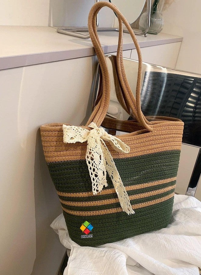DYARCHY Straw Beach Tote Bag, Large Summer Handbag, 40 x 30 x 24 cm (GREEN BEIGE) - Image 4