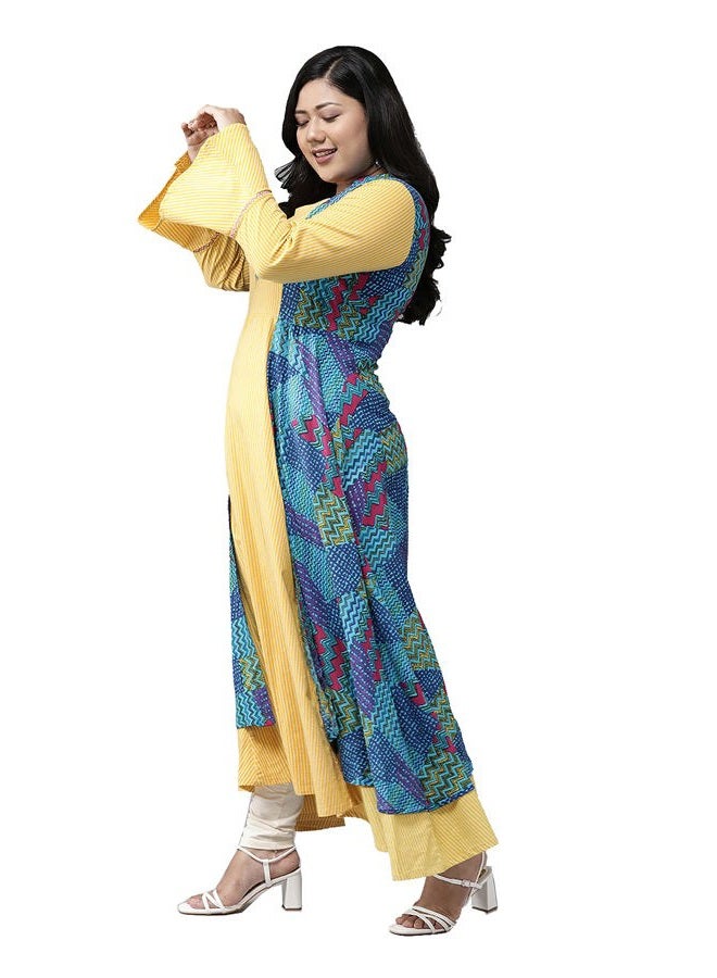 Yash Gallery Women's Rayon Geometric Print Anarkali Kurta for Women (Mustard, 4XL) - Image 2