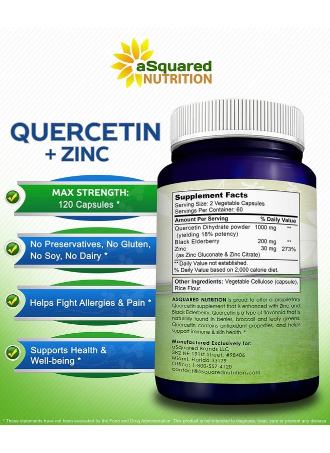 aSquared Nutrition - Quercetin 1000Mg With Zinc Supplement 120 Capsules Quercetin Dihydrate With Black Elderberry & Zinc Max Strength Powder Complex Pills To Help Improve Immune Response - Image 1