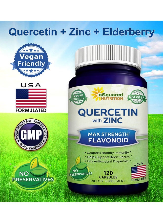 aSquared Nutrition - Quercetin 1000Mg With Zinc Supplement 120 Capsules Quercetin Dihydrate With Black Elderberry & Zinc Max Strength Powder Complex Pills To Help Improve Immune Response - Image 1