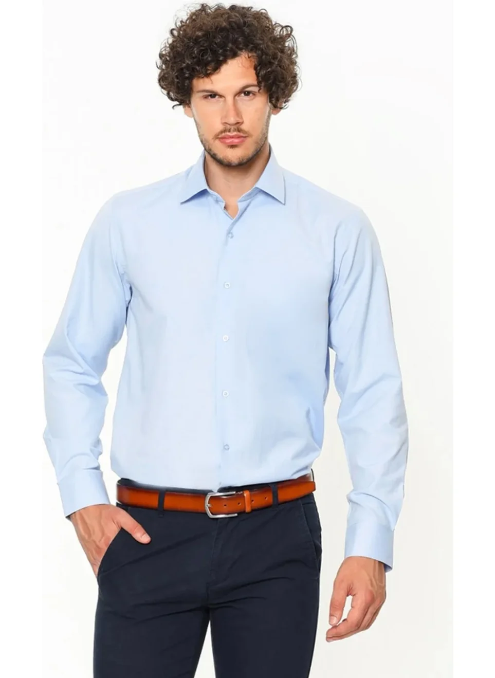 Varetta Men's Blue Plain Pocketless Wide Cut Long Sleeve Shirt