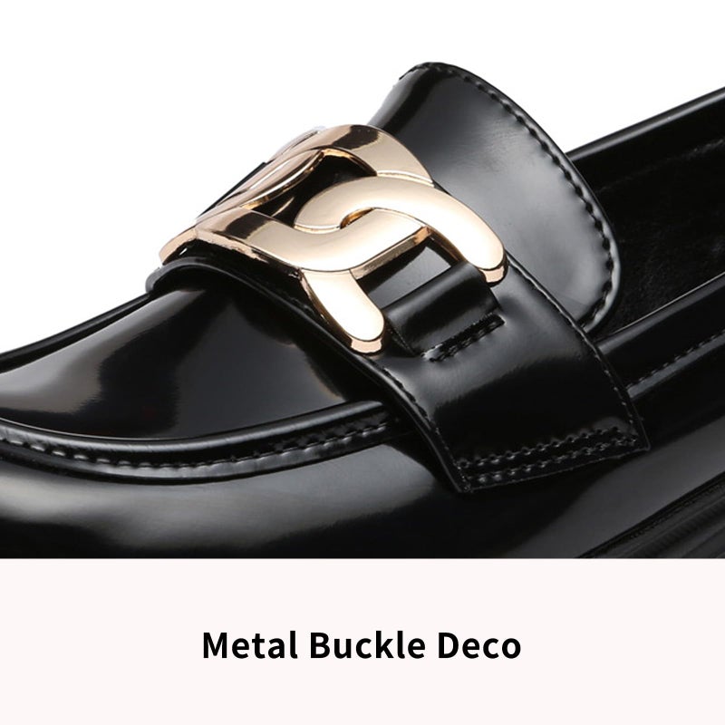 Vera Creation Women's Chunky Platform Loafers with Chain or Buckle Patent Leather Black Penny Loafers Fashion Office Shoes School Dress Shoes Comfort Slip-on (Black+Gold Buckle 8) - Image 4