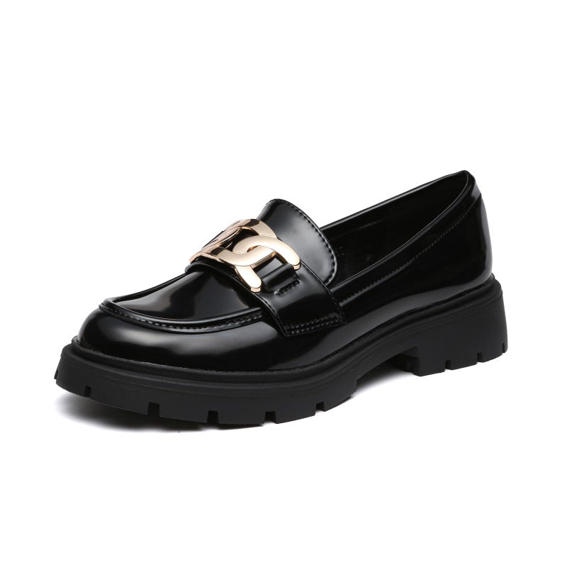 Vera Creation Women's Chunky Platform Loafers with Chain or Buckle Patent Leather Black Penny Loafers Fashion Office Shoes School Dress Shoes Comfort Slip-on (Black+Gold Buckle 8) - Image 1