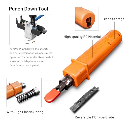 Zoerax Network Tool Kit, ZOERAX 11 in 1 Professional RJ45 Crimp Tool Kit - Pass Through Crimper, RJ45 Tester, 110/88 Punch Down Tool, Stripper, Cutter, Cat6 Pass Through Connectors and Boots - Image 4