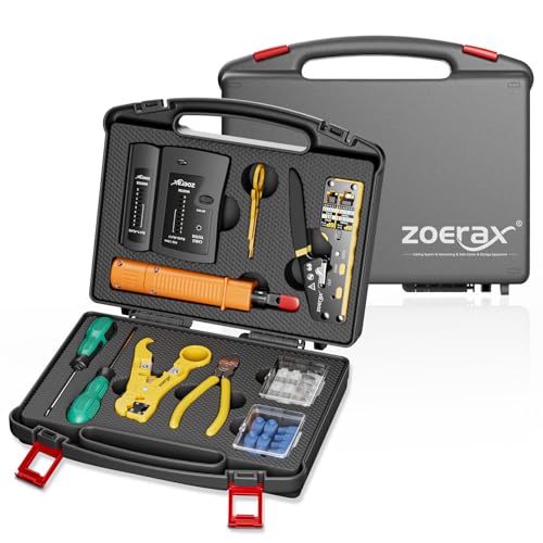 Zoerax Network Tool Kit, ZOERAX 11 in 1 Professional RJ45 Crimp Tool Kit - Pass Through Crimper, RJ45 Tester, 110/88 Punch Down Tool, Stripper, Cutter, Cat6 Pass Through Connectors and Boots - Image 1