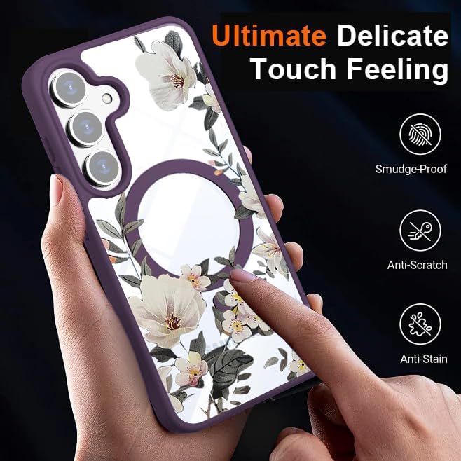 VONZEE Compatible with Samsung Galaxy S25 FE 5G Case Luxury Retro Flowers Floral Clear for Magnetic Wireless Charging Case Shockproof PC+TPU Cute Glossy Shiny Cover for Girls Women, Deep Purple - Image 2