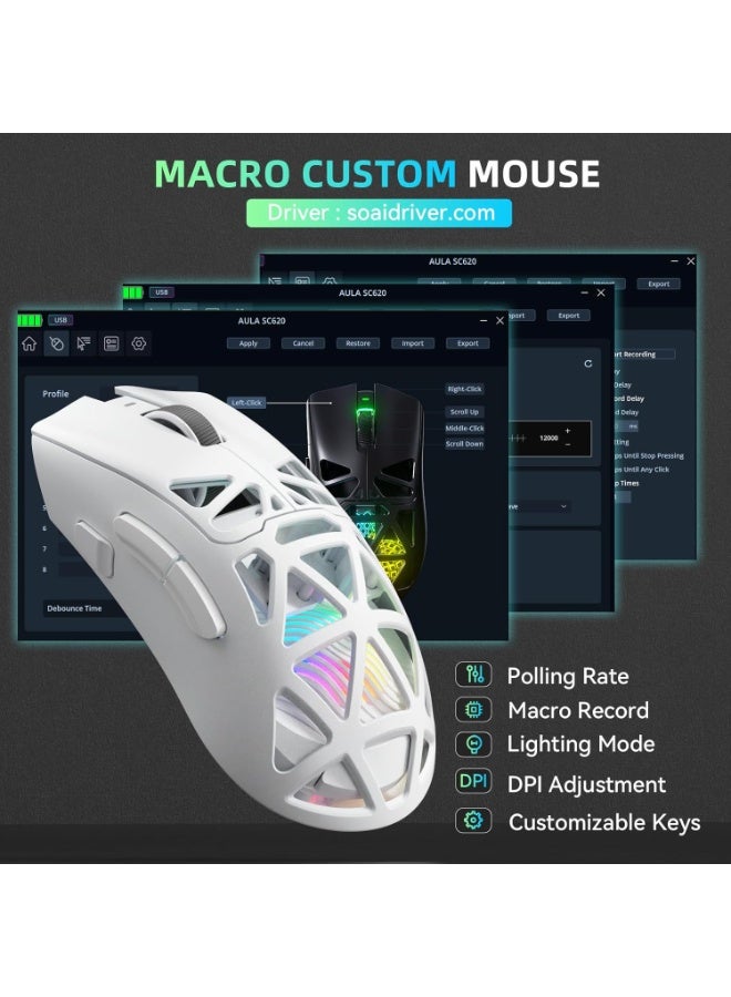 AULA SC620 Wireless Gaming Mouse, 3 Modes, BT/2.4G/Wired, PAW3311 Sensor, Up to 12000DPI, Lightweight 67g, 7 Programmable Buttons with RGB Lighting and Rechargeable Battery (White) - Image 4