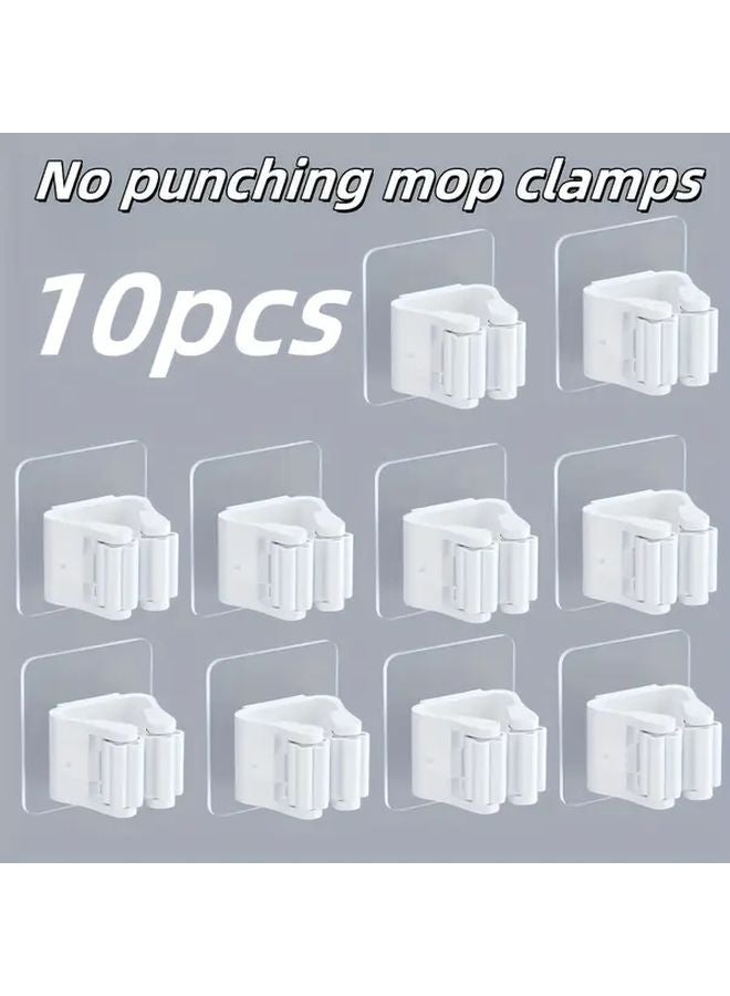 10pcs White No Drill Adhesive Wall Hooks Heavy Duty Mop Broom Holder Space Saving - Image 1