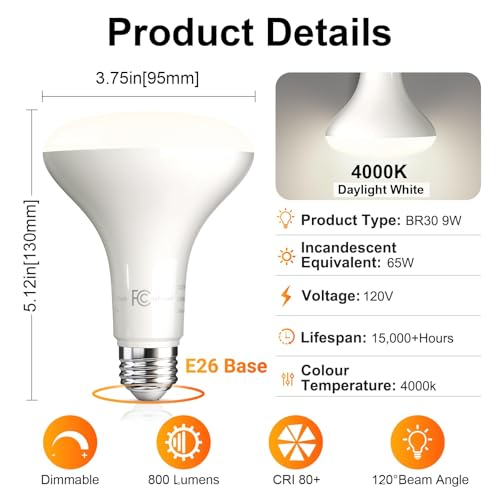 TJOY LED Flood Light Bulb Recessed Ceiling Bulb BR30 65W Equivalent Efficient 9W Dimmable E26 Neutral White 4000K 10 Year 800 Lumens 80CRI 4 Pack LED Ceiling Light for Kitchen Living Room - Image 3
