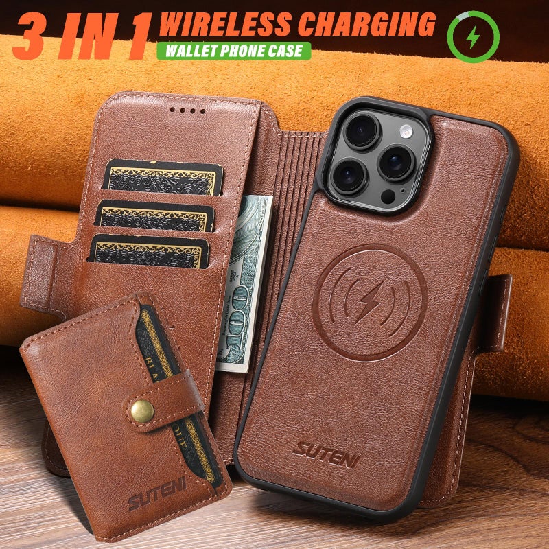 Suteni For Iphone 14 Pro Max Q06S1 3-In-1 Splicing Detachable Wallet Magsafe Leather Phone Case(Brown) - Image 4
