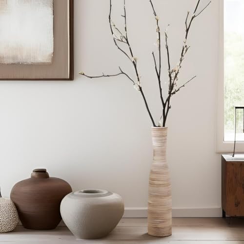 ALMA 16" Tall Floor Vase for Pampas Grass,White Brown Ceramic Centerpiece for Dresser, Skinny Pampas Grass Vessel for Floor, Entryway Table, Fireplace Decor - Image 2