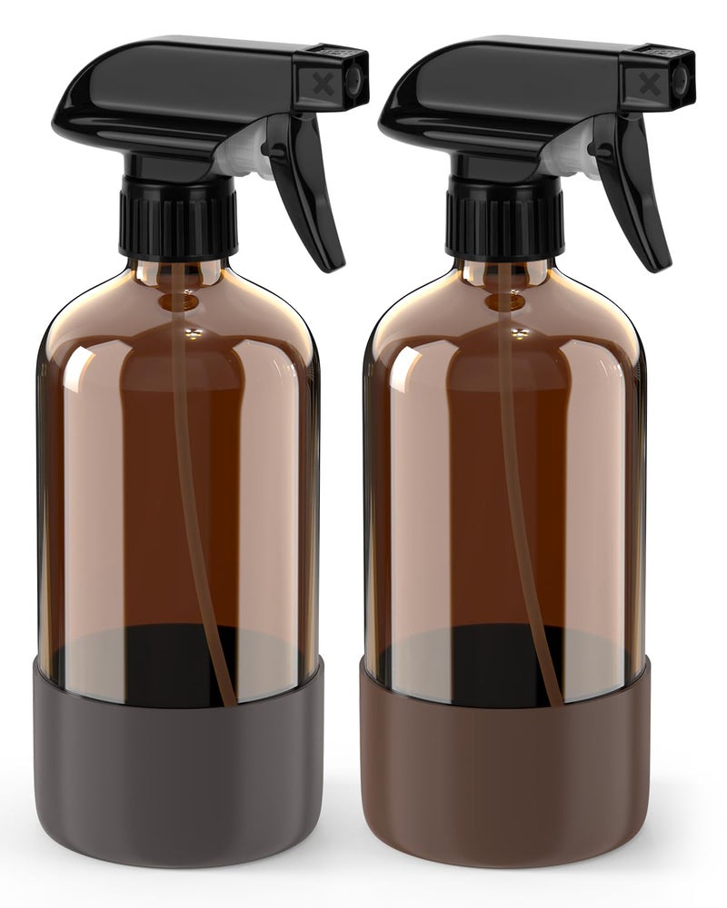 Bontip Glass Spray Bottle with Silicone Sleeve Protection, Amber Glass Spray Bottle Set for Window Cleaner Aromatherapy Facial Hydration Watering Flowers Hair Care 2 Pack/16 oz (Brown & Grey, 16 oz) - Image 1