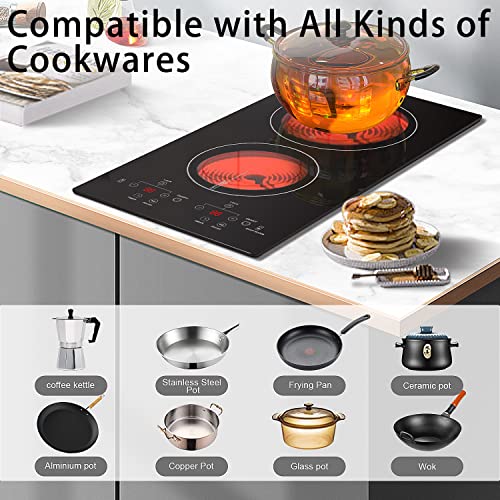 Karinear 2 Burners Electric Cooktop, 120v Plug in Ceramic Cooktop, 12 Inch Countertop & Built-in Electric Stove Top with Child Safety Lock, Timer, Over-Temperature Protection, Sensor Touch Control - Image 3
