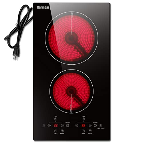 Karinear 2 Burners Electric Cooktop, 120v Plug in Ceramic Cooktop, 12 Inch Countertop & Built-in Electric Stove Top with Child Safety Lock, Timer, Over-Temperature Protection, Sensor Touch Control - Image 1