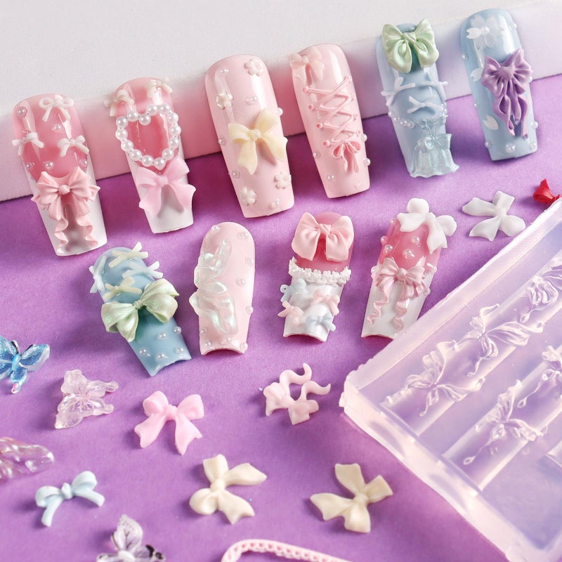 Laza 4pcs Bowknot Silicone Nail Art Molds, 3D Multiple Shapes Ribbon Lace Bows Charms Silicone Nail Accessories with Carving Pen Resin Nail Art Mold Manicure Tools for Women DIY Manicure Design - Image 2