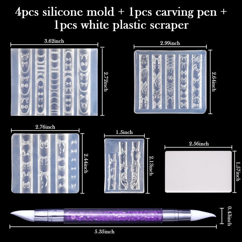 Laza 4pcs Bowknot Silicone Nail Art Molds, 3D Multiple Shapes Ribbon Lace Bows Charms Silicone Nail Accessories with Carving Pen Resin Nail Art Mold Manicure Tools for Women DIY Manicure Design - Image 3