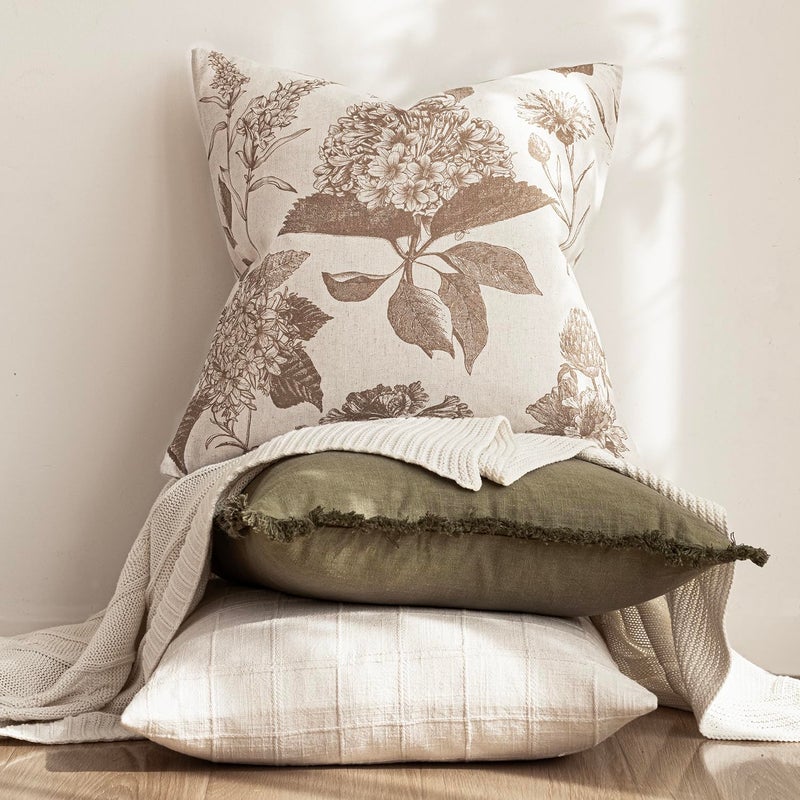 Foindtower Set of 2 Linen Floral Vintage Throw Pillow Covers Neutral Accent Decorative Cushion Covers Farmhouse Boho Home Decor for Sofa Chair Couch Bedroom Living Room,18Ã—18 Inch,Light Brown - Image 5