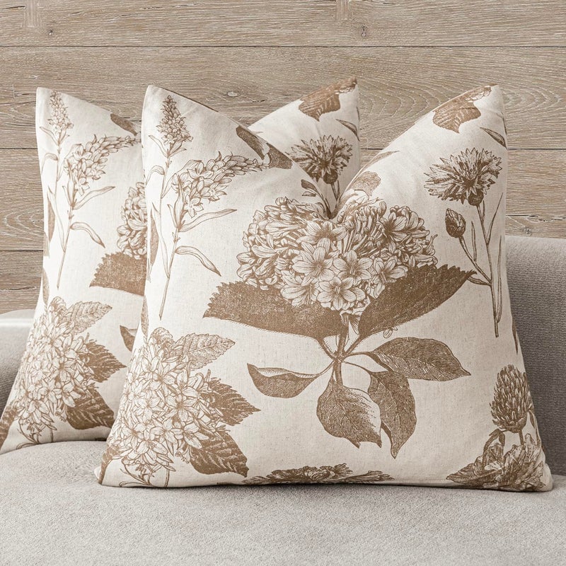 Foindtower Set of 2 Linen Floral Vintage Throw Pillow Covers Neutral Accent Decorative Cushion Covers Farmhouse Boho Home Decor for Sofa Chair Couch Bedroom Living Room,18Ã—18 Inch,Light Brown - Image 1