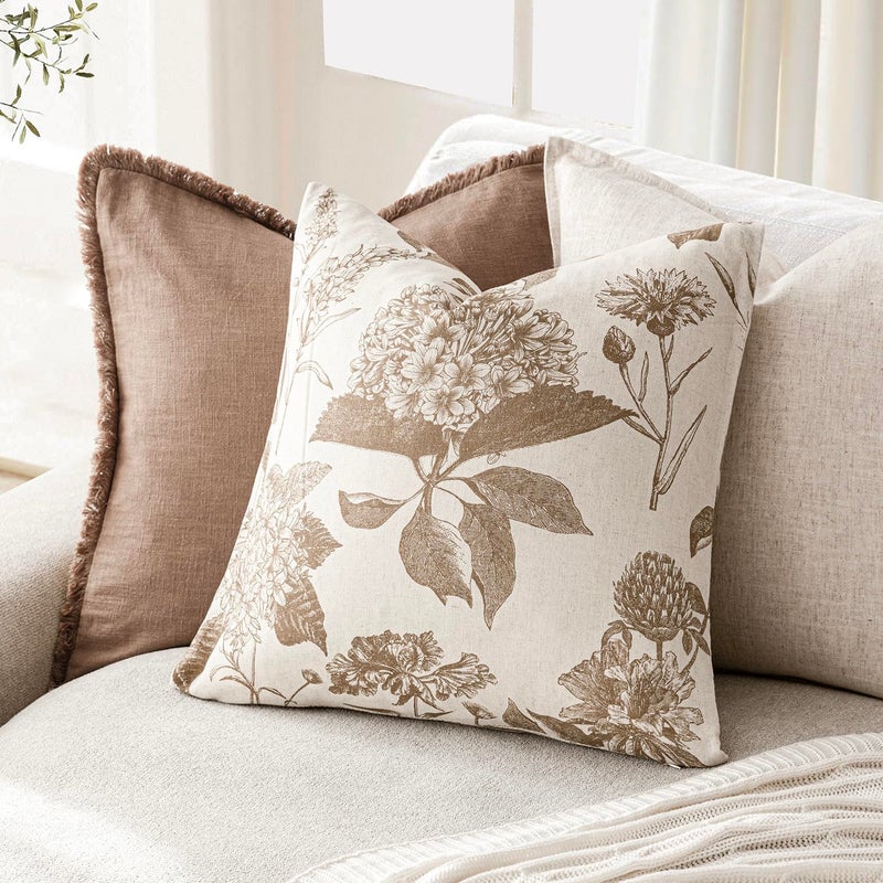 Foindtower Set of 2 Linen Floral Vintage Throw Pillow Covers Neutral Accent Decorative Cushion Covers Farmhouse Boho Home Decor for Sofa Chair Couch Bedroom Living Room,18Ã—18 Inch,Light Brown - Image 4