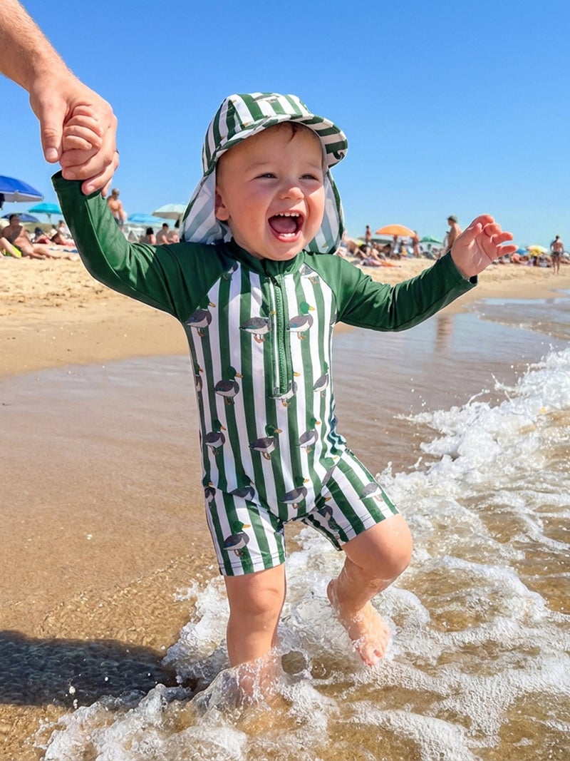 Baby Boys Swimsuit, Long Sleeve Animal Print Rash Guard Jumpsuit with Hat Summer Swimwear - Image 1