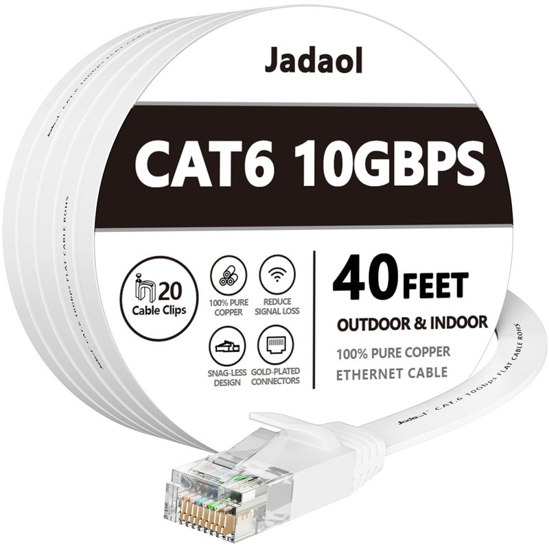 Jadaol Cat 6 Ethernet Cable 40 ft, 10Gbps Support Cat8 Cat7 Network, Flat RJ45 LAN Patch Cable, High-Speed Wired Internet Cable for Router, Modem, Switch, Gaming Consoles, PC, Streaming Devices, White - Image 1