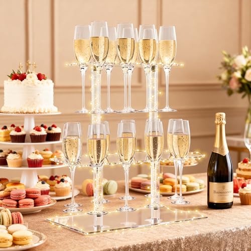 HeiMma Champagne Display Holder Stand for Party, With 18 Slots, 2 Tier Clear Acrylic Wine Glass Stemware Rack Champagne Flute Holder with Led Light, Measures 16.5" x 15.7" x 11.8" - Image 2