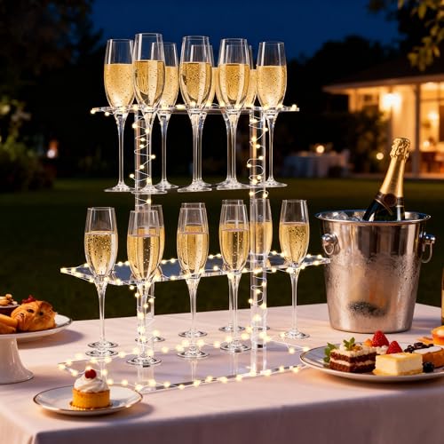 HeiMma Champagne Display Holder Stand for Party, With 18 Slots, 2 Tier Clear Acrylic Wine Glass Stemware Rack Champagne Flute Holder with Led Light, Measures 16.5" x 15.7" x 11.8" - Image 5