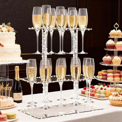HeiMma Champagne Display Holder Stand for Party, With 18 Slots, 2 Tier Clear Acrylic Wine Glass Stemware Rack Champagne Flute Holder with Led Light, Measures 16.5" x 15.7" x 11.8" - Image 4
