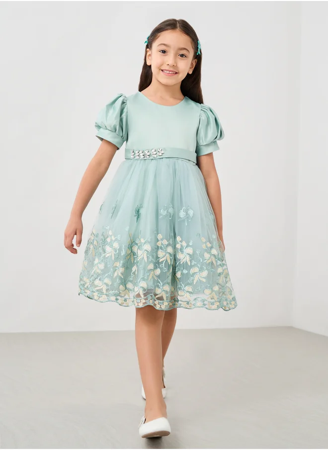 ستايلي Lace Hem Puff Sleeve Embellished Belt Dress