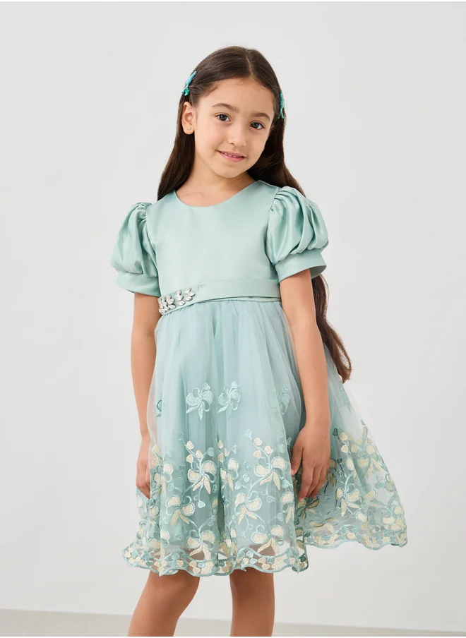 ستايلي Lace Hem Puff Sleeve Embellished Belt Dress