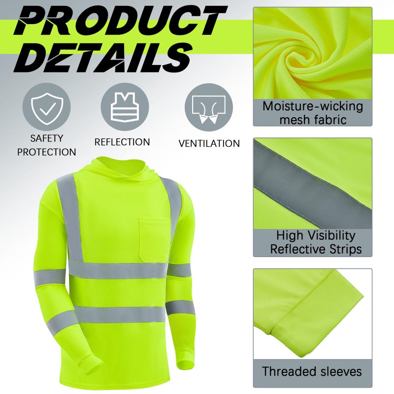 Amylove 4 Pcs Reflective Safety T Shirt High Visibility Work Shirts Sun Protection Construction(Fluorescent Yellow,X-Large,Long Sleeve) - Image 3