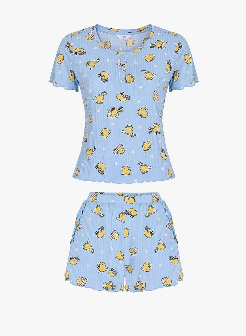 Penti Women's Viscose Lounge Happiness Rib Shorts Sleeve Tank & Shorts Set - Light Blue