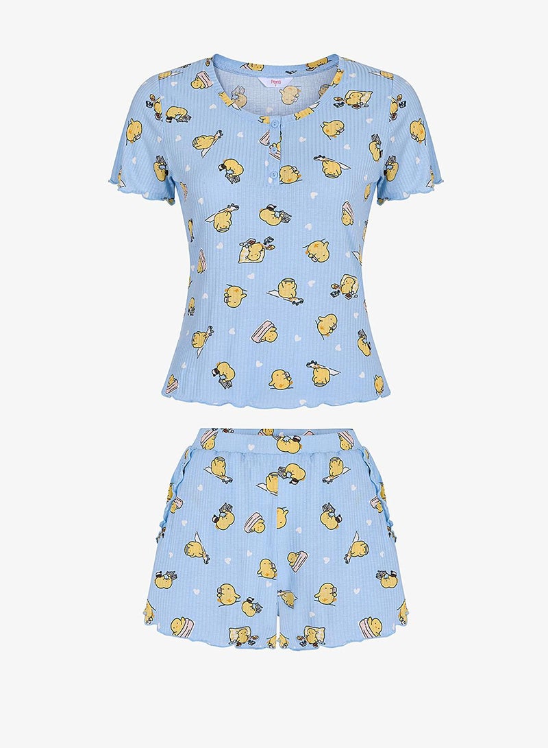 Penti Women's Viscose Lounge Happiness Rib Shorts Sleeve Tank & Shorts Set - Light Blue