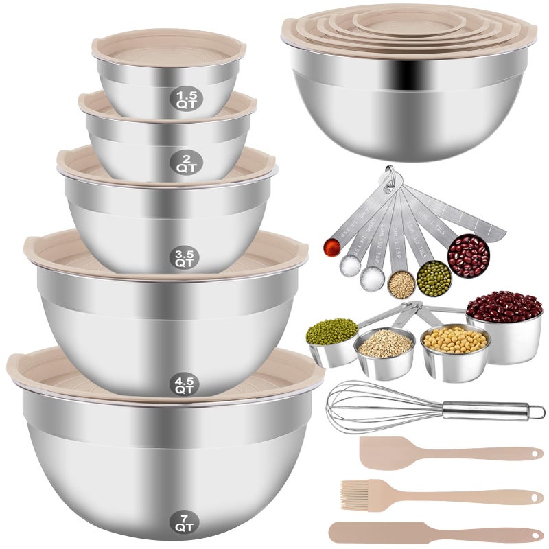 WEPSEN Mixing Bowls Set, 25PCS Khaki Mixing Bowls With Lids Set Stainless Steel Kitchen Large Nesting Metal Bowl 7QT to 1.5QT, Measuring Cups and Spoons for Prepping Cooking Serving - Image 1