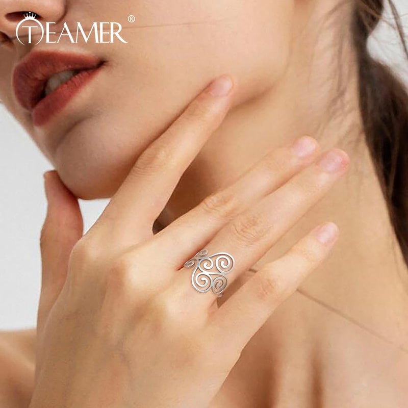 TEAMER Vintage Filigree Flower Ring Stainless Steel Elegant Flower Ring Wedding Band Ring for Women (Silver, 9) - Image 2