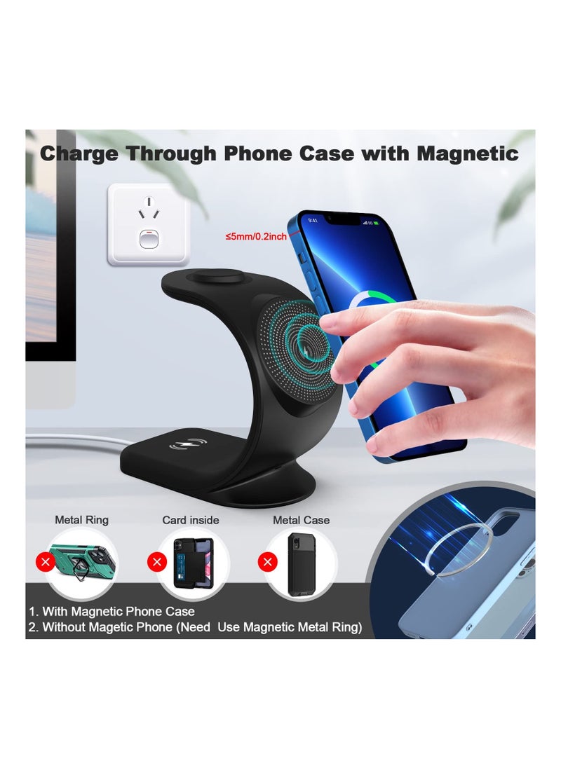 SYOSI 3 in 1 Magnetic Wireless Charger, 15W Fast Charging Station for iPhone 13/ pro/ pro-Max/ 12/ 12 Pro Max, Support for iWatch, for AirPods Pro for Bonus 18W QC 3.0 Adaptor and Magetic Metal Ring (Black)  - Image 3