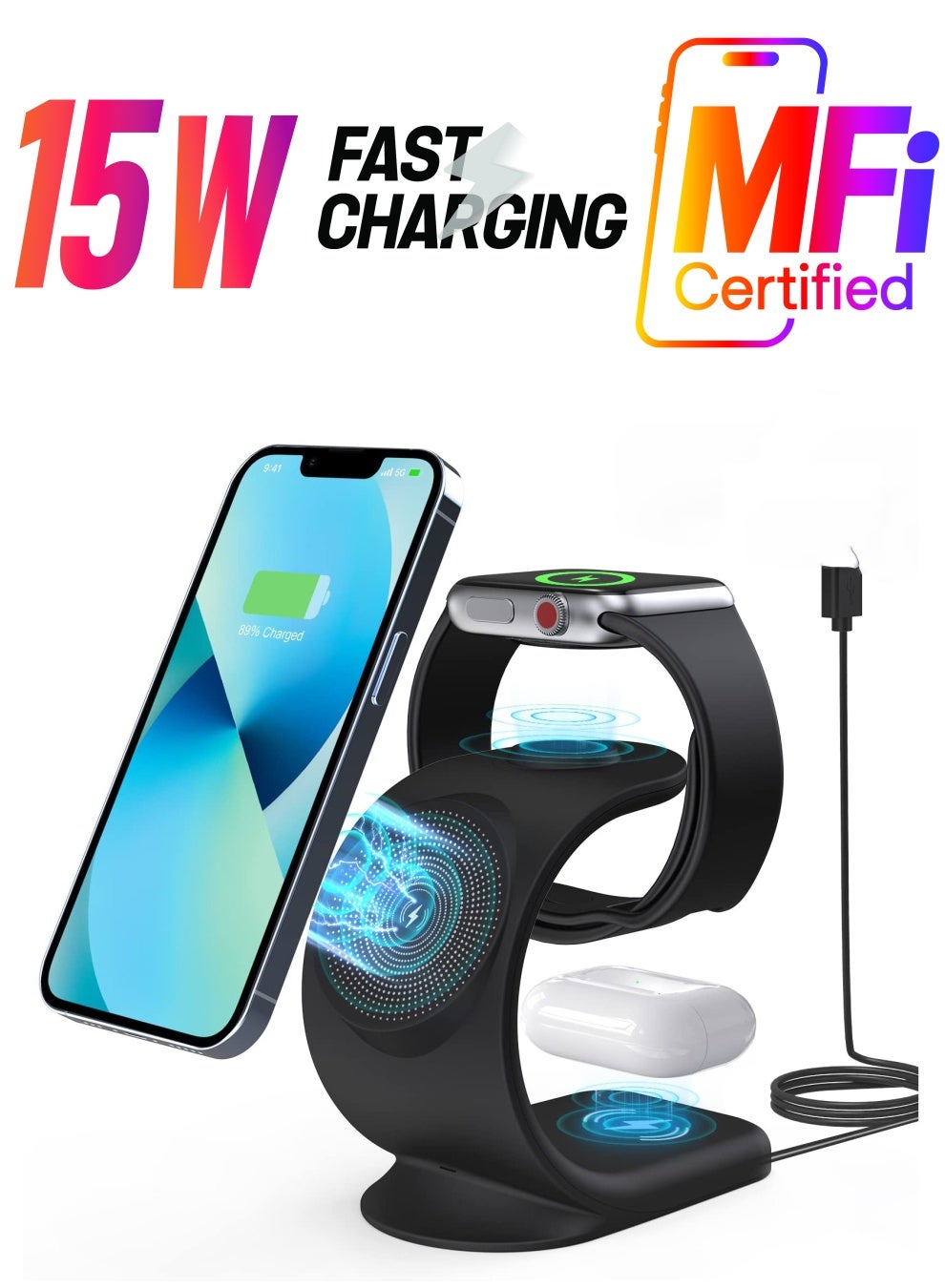 3 in 1 Magnetic Wireless Charger, 15W Fast Charging Station for iPhone 13/ pro/ pro-Max/ 12/ 12 Pro Max, Support for iWatch, for AirPods Pro for Bonus 18W QC 3.0 Adaptor and Magetic Metal Ring (Black)