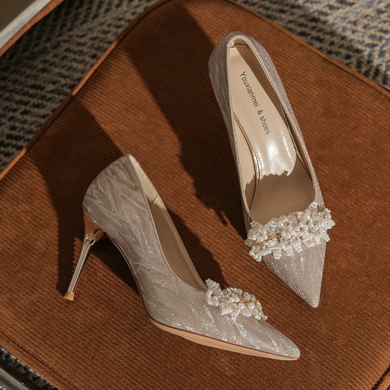 Pumps Pointed Toe Stiletto Pu Leather Beige Women's Shoes - Image 4