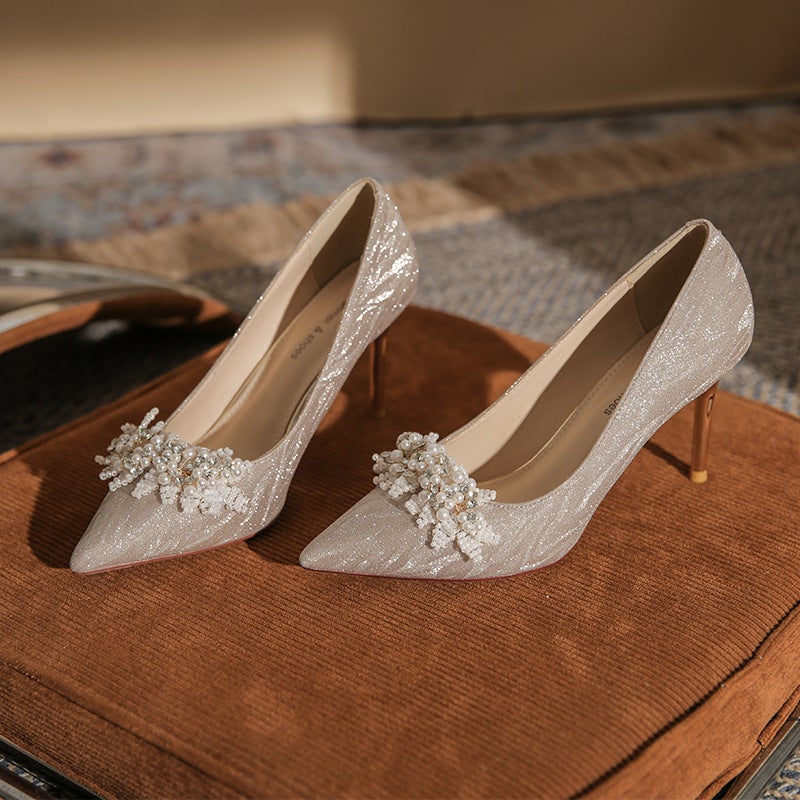 Pumps Pointed Toe Stiletto Pu Leather Beige Women's Shoes - Image 1