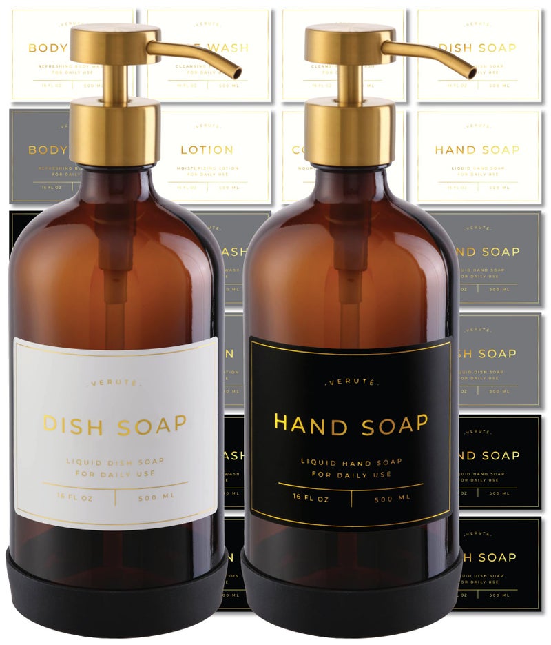 Verute 16oz Glass Soap Dispenser with Stainless Steel Pump, 21 Waterproof Labels, Non-Slip Protective Silicone Pad, Set of 2 for Bathroom & Kitchen (Amber Bottle/Brushed Gold Pump) - Image 1