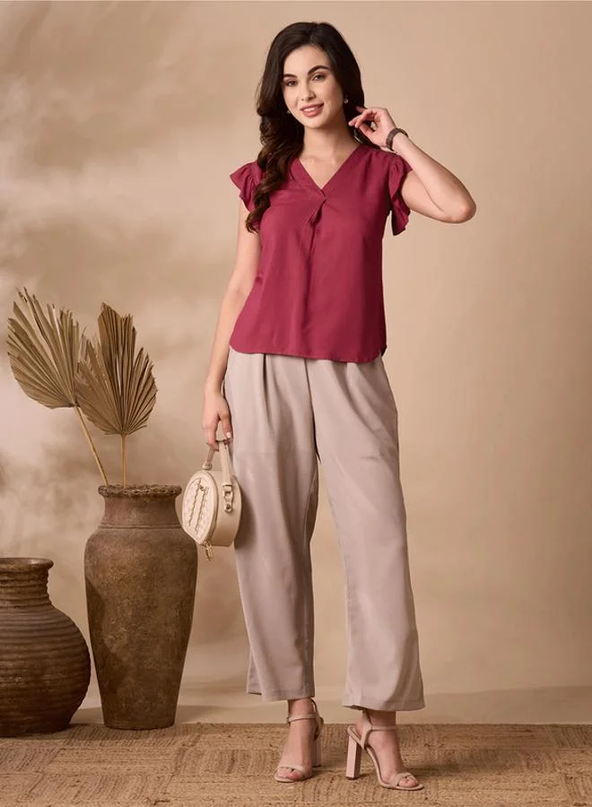 Mish Maroon V-Neck Top With Flutter Sleeves