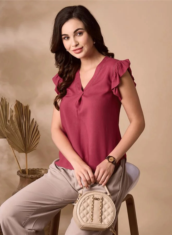 Mish Maroon V-Neck Top With Flutter Sleeves