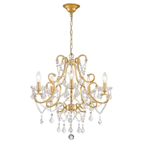 ANJIADENGSHI Crystal Chandelier, 5-Light Gold Chandelier for Dining Room Light Fixture, K9 Crystal Pendant Ceiling Light Fixture, Modern Candle Chandelier for Living Room Kitchen Island Entryway Bedroom - Image 1