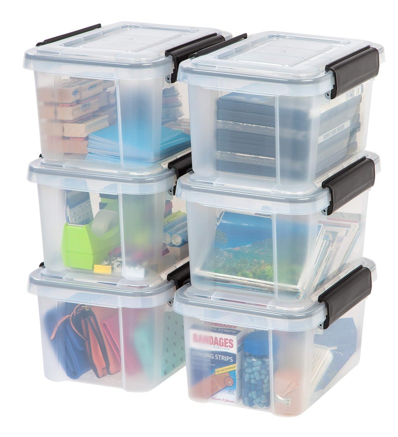 IRIS USA WeatherPro 6 Qt Storage Bins with Lids 6 Pack BPAFree Plastic Gasket Box with Tight Latch and Seal Stackable Nestable Tote Tub  ClearBlack - Image 1