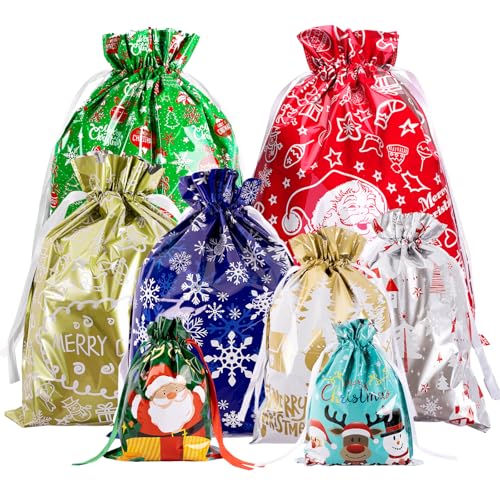 joycraft 20 Pcs Christmas Bags with Drawstring Assorted Sizes Foil Holiday Gift Wrapping Bags Colorful Christmas Party Favor pouchs for Toys Dolls DIY Craft Candy - Image 1