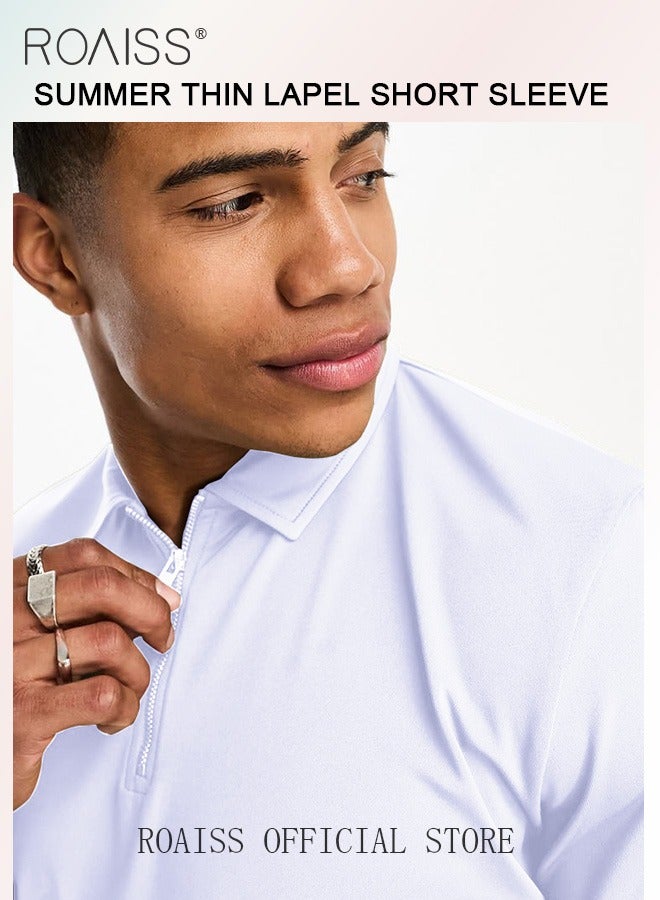 roaiss Men's Polo Shirt Solid Color Short Sleeve Lapel T-Shirt Casual Fit Tops - Image 5