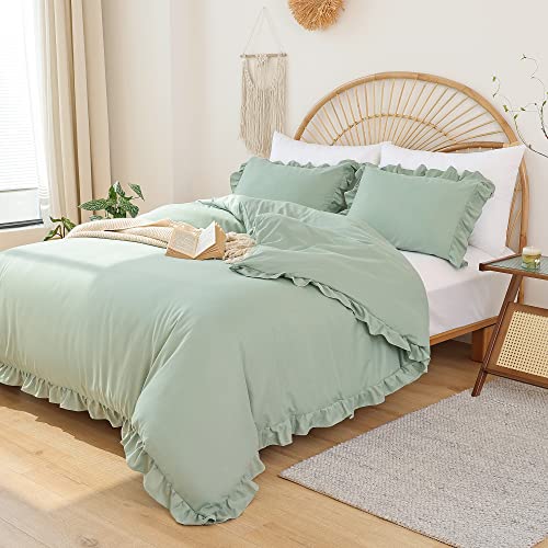 JANZAA Queen Comforter Set Sage Green 3PCS（1 Ruffled Comforter Set and 2 Pillowcases） Vintage Farmhouse Shabby Chic Bedding Soft Fluffy Comforter Set All Season - Image 4