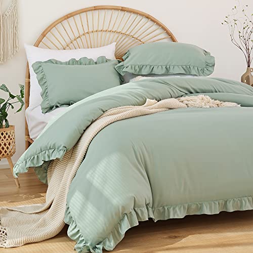 JANZAA Queen Comforter Set Sage Green 3PCS（1 Ruffled Comforter Set and 2 Pillowcases） Vintage Farmhouse Shabby Chic Bedding Soft Fluffy Comforter Set All Season - Image 1